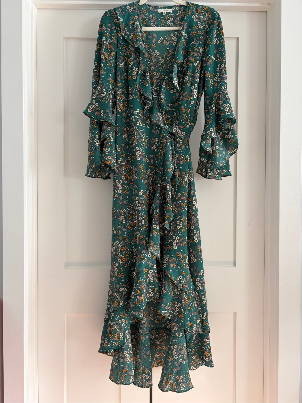 Max Studio Women’s Green Floral Ruffle Wrap Bohemian Romantic Dress, small